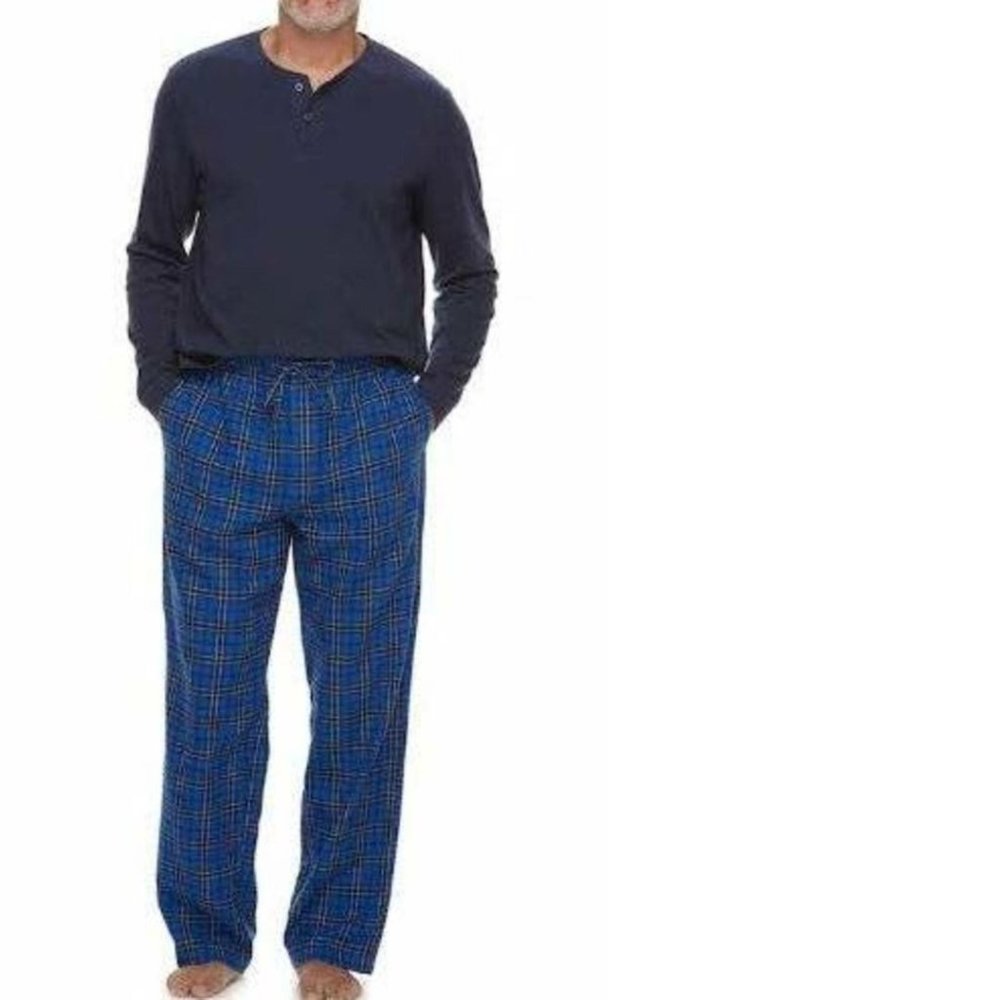 Croft & Barrow Pajamas Set Mens XL Blue Long Sleeve Shirt & Plaid Flannel Pants